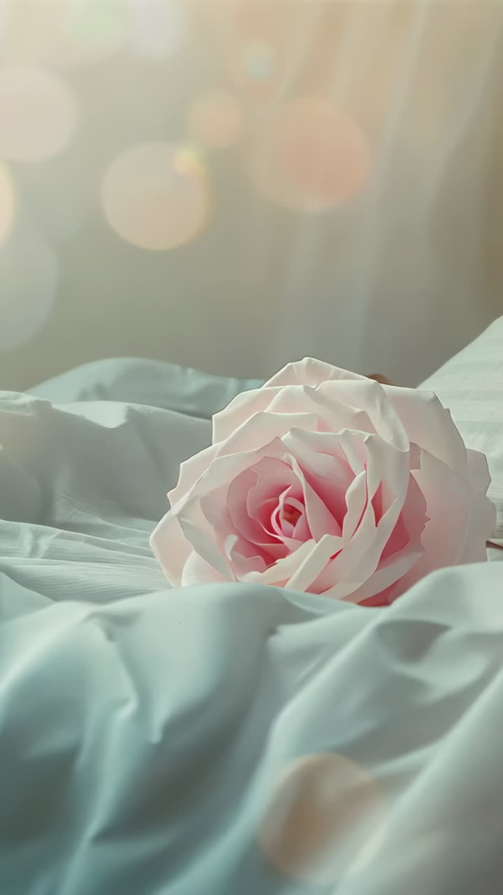 Video verticale: la fotocamera scorre verso l'alto inquadrando una rosa rosa pallido su un lenzuolo azzurro in casa, bokeh caldo