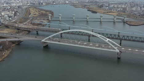 yodo river bridge and osaka japan, aerial shot with copy space