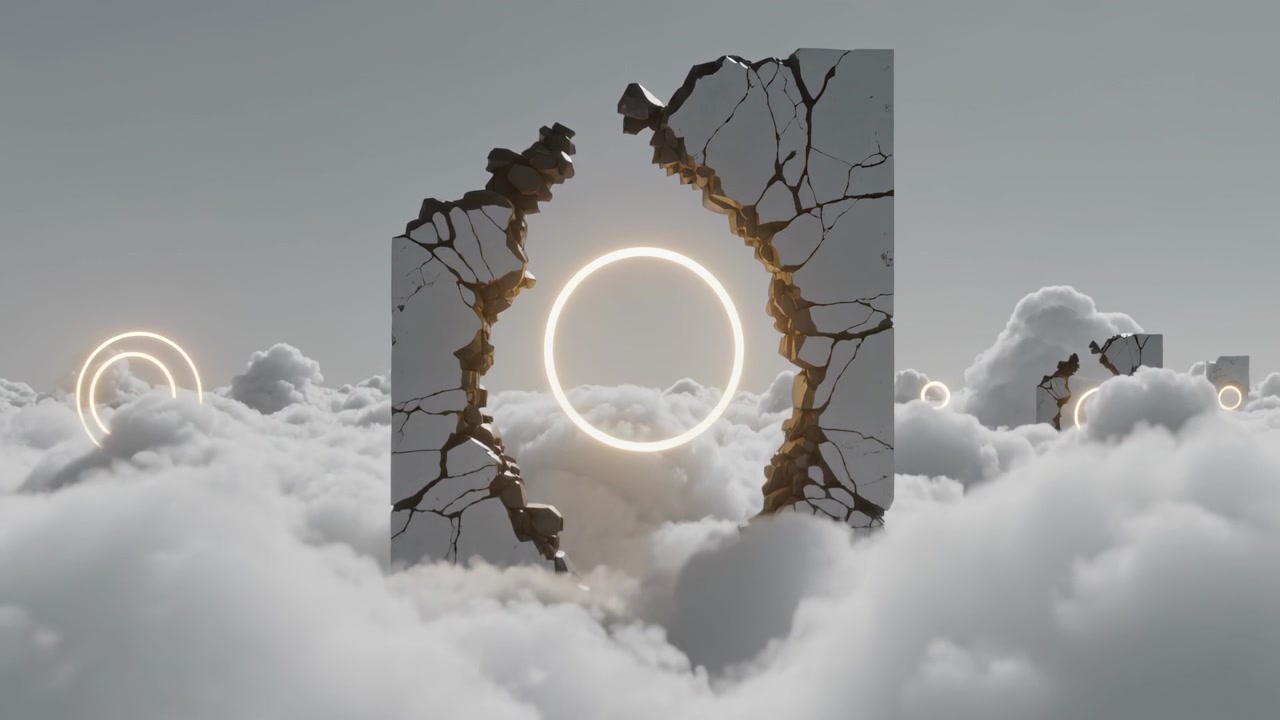 Stigende sprukket steinplate kommer frem fra skyene, avslører en sentral glødende ring og et indre varmt lys.