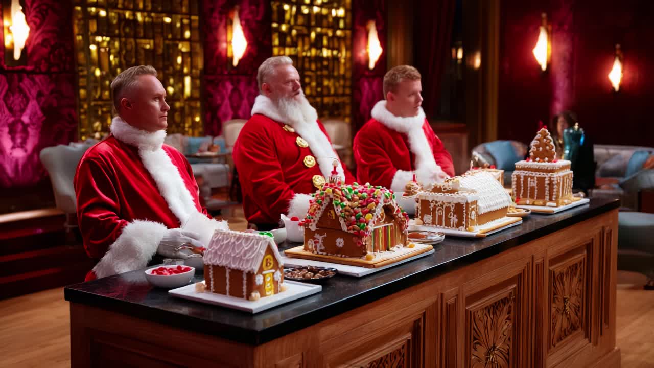 Three Contestants Dressed as Santa Claus Create Beautiful Gingerbread Houses on a Festively Decorated Table, Showcasing Their Creativity and Skill in a Fun Holiday Baking Competition Setting