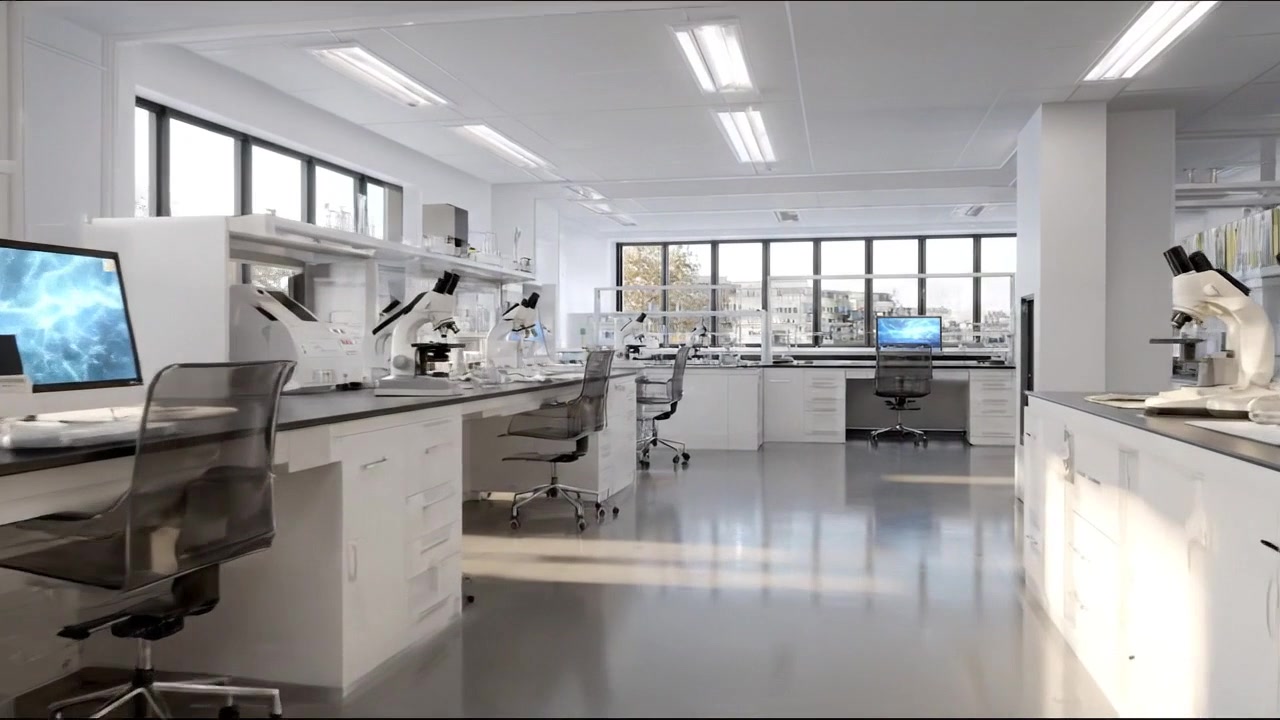 Bright modern laboratory interior with clean workstations and equipment