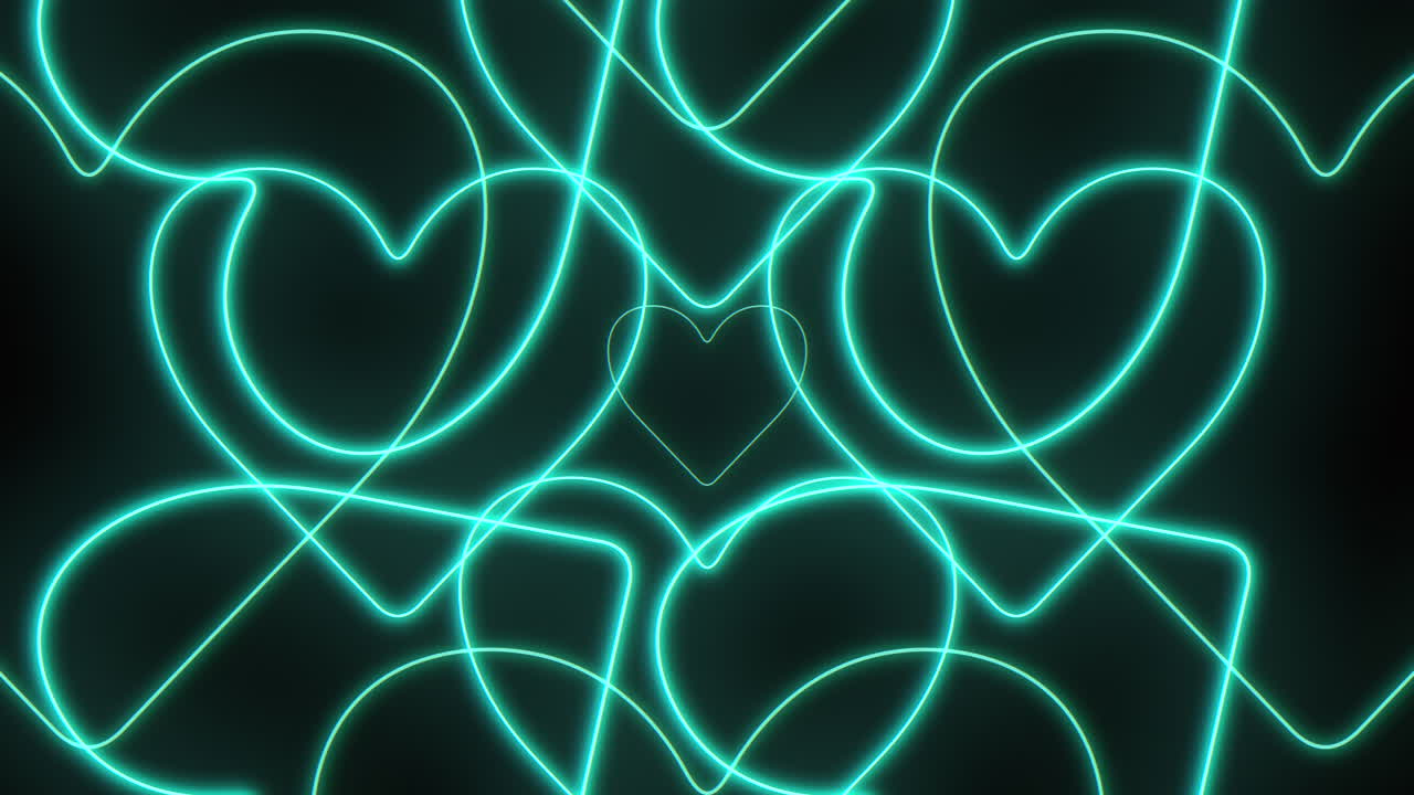 Swirling neon hearts illuminate a black canvas