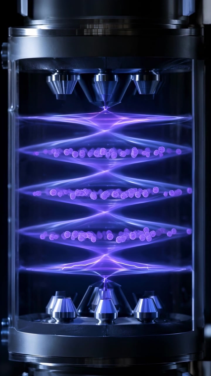 Front view of transparent cylindrical laboratory chamber showing layered luminous planes, concentric purple particle rings, converging filaments, reflective metal surfaces, and sterile high-tech