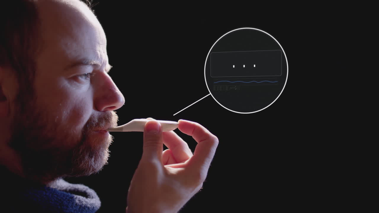 hombre revisando su temperatura corporal para detectar fiebre con animación digital sobre fondo negro