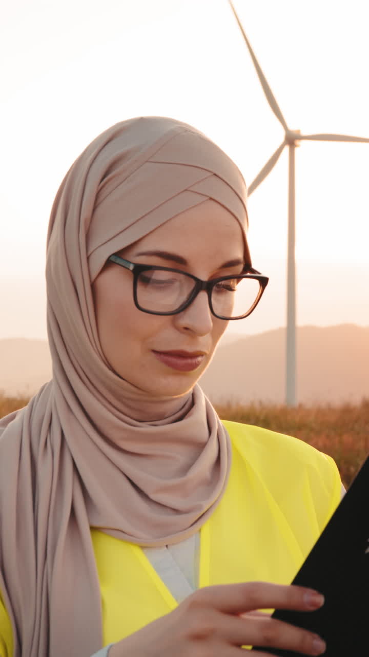 Engineer in hijab at wind turbine