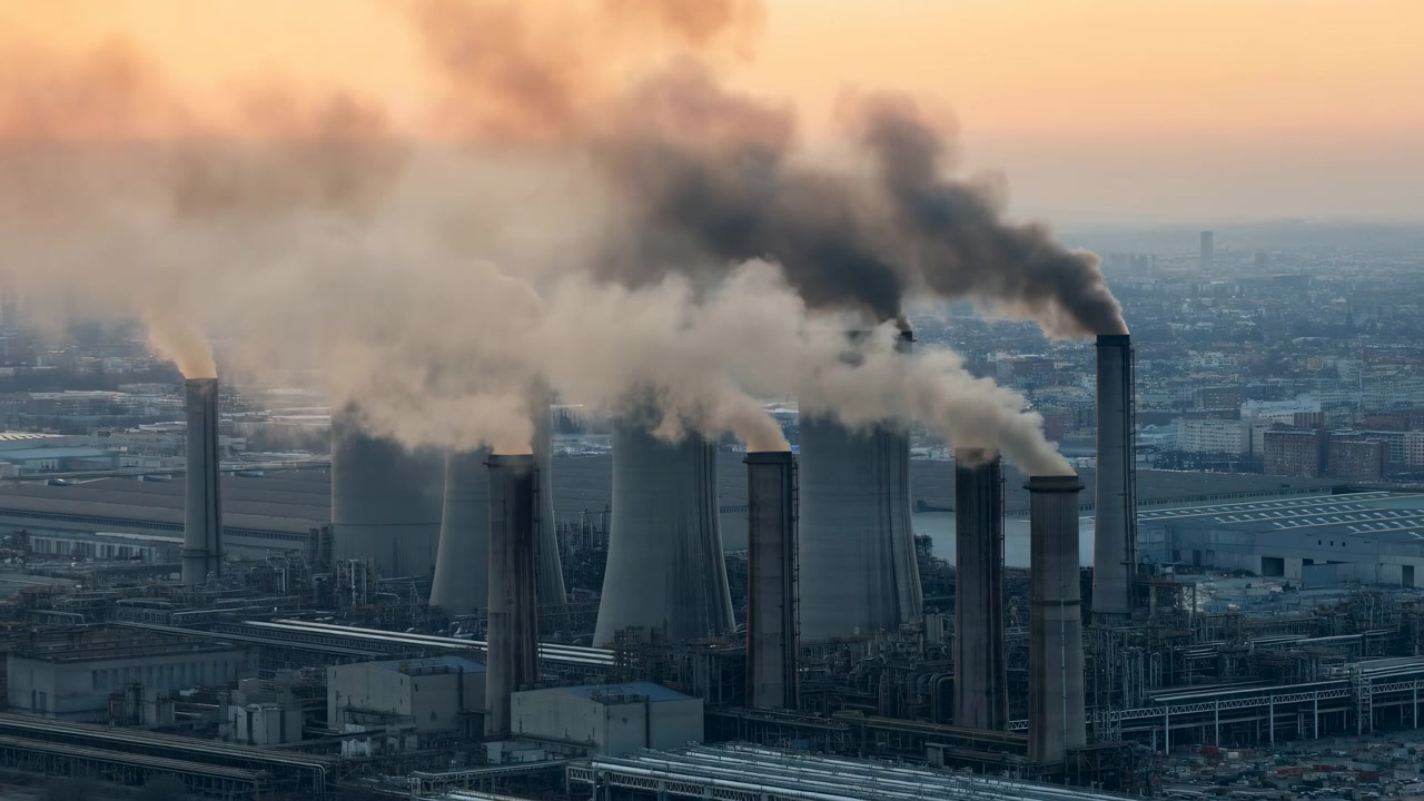 Impianto industriale aereo che emette fumo denso sopra lo skyline della città al tramonto, molteplici ciminiere rilasciano fumo denso e scuro.