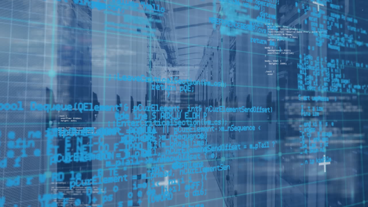 animación del procesamiento de datos contra la sala técnica de los servidores informáticos
