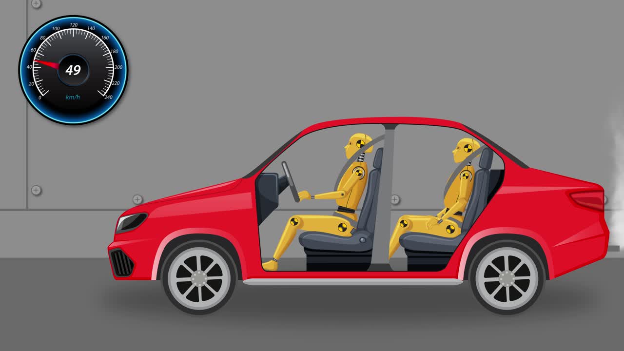 진보적인 충돌 단계와 함께 애니메이션 자동차 충돌 테스트