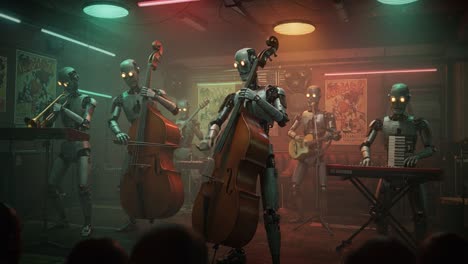 a futuristic musical performance featuring robots playing instruments in a vibrant, neon-lit venue, capturing the spirit of robotics and live music entertainment