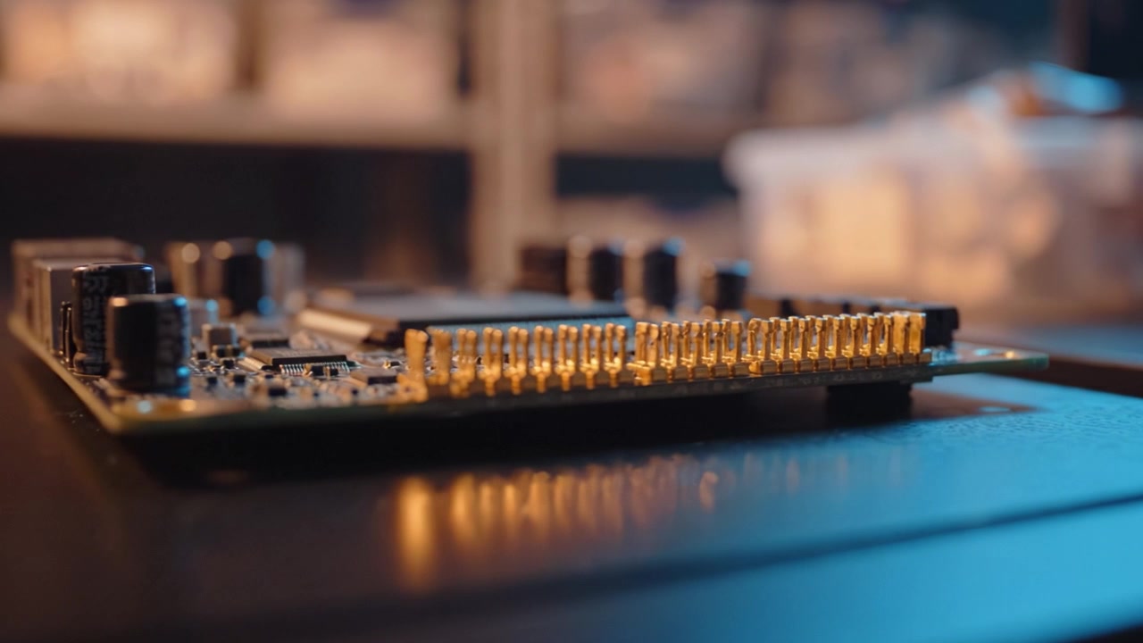 Vista ravvicinata di un circuito stampato elettronico che evidenzia componenti e connettori con illuminazione soffusa in un ambiente di lavoro complesso.