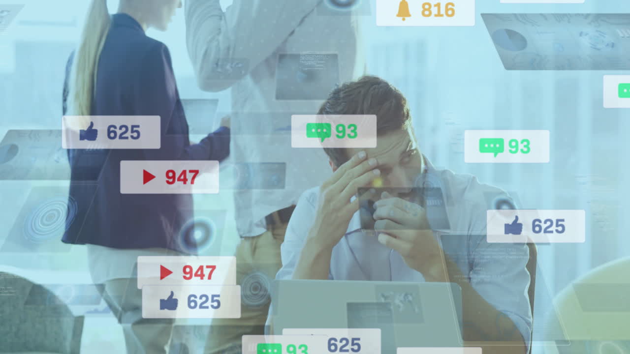 Overwhelmed businessman in office handling digital interactions and social media animation