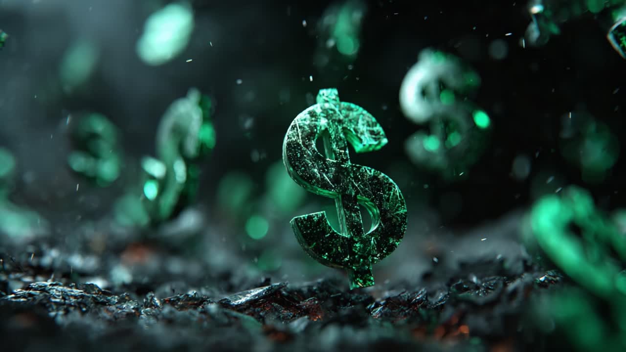 Upea visuaalinen esitys kimaltelevista vihreistä dollarimerkeistä, jotka nousevat kiiltävästä mustasta tuhkasta, symboloiden vaurautta, menestystä ja taloudellisia mahdollisuuksia pimeässä mystisessä ympäristössä