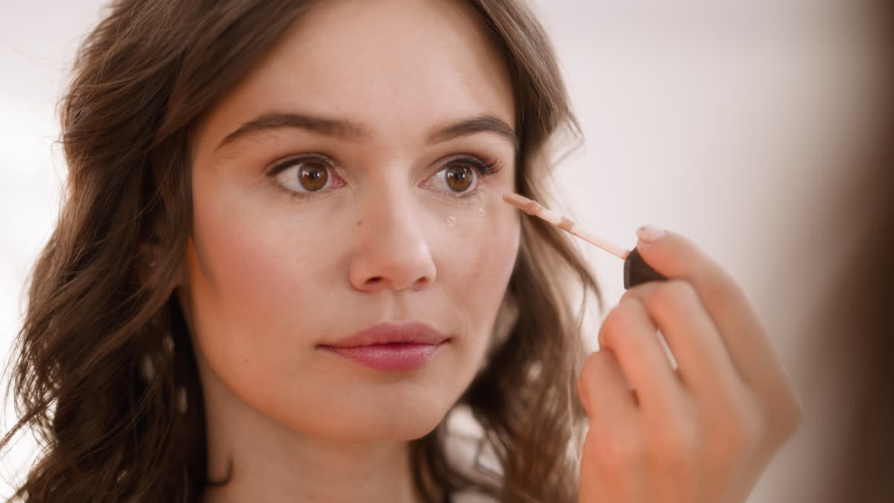 la mujer aplica corrector en la piel debajo de los ojos con el aplicador