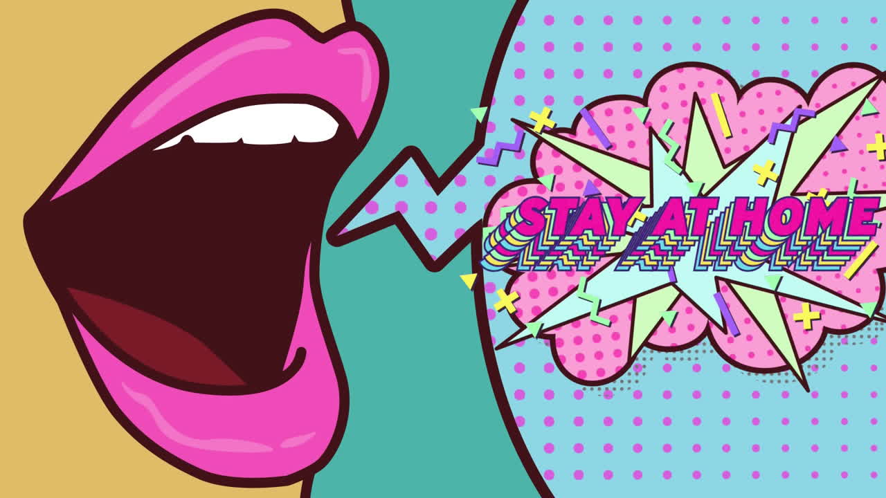 animación de la boca de la caricatura con burbuja de habla con texto quedarse en casa