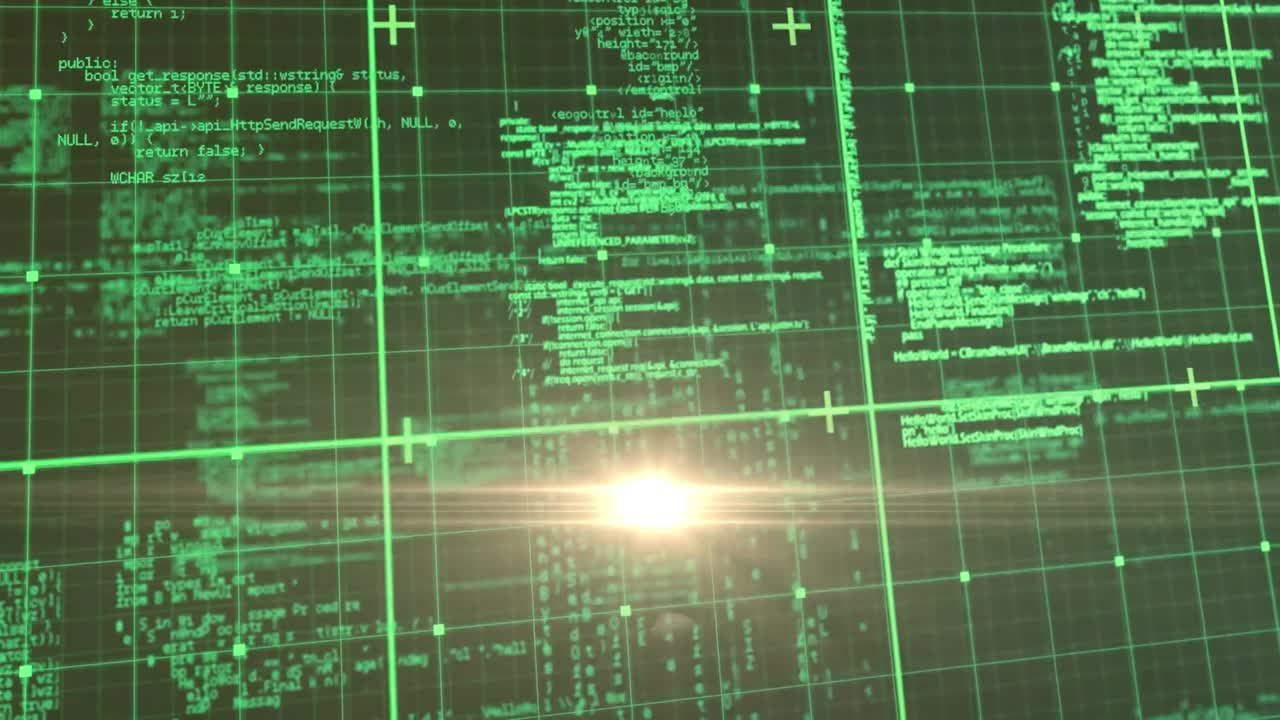 animação de processamento de dados sobre grade em fundo preto