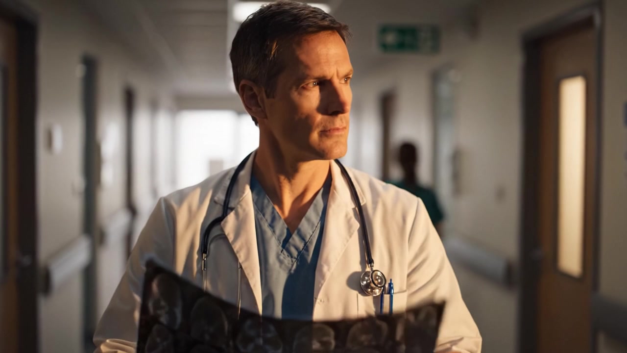 Focused physician examining medical imaging in a hospital corridor, contemplating the implications of the results while dressed in scrubs and a white coat.