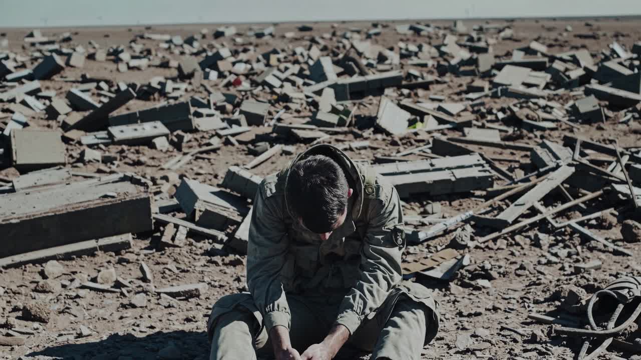 Soldier sitting on the ground, surrounded by debris and destruction, reflecting on the profound impact of war in a devastated urban landscape marked by loss and despair