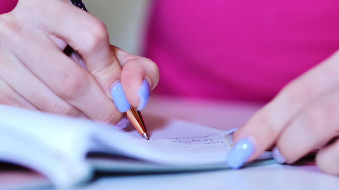 Calm focused scene showing female hand creating handwritten notes indoors