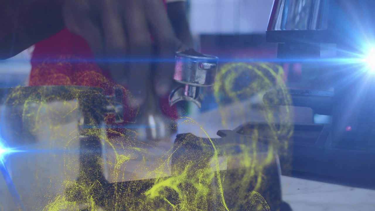 Male barista tamping espresso into portafilter on cafe counter, with digital particles and flares
