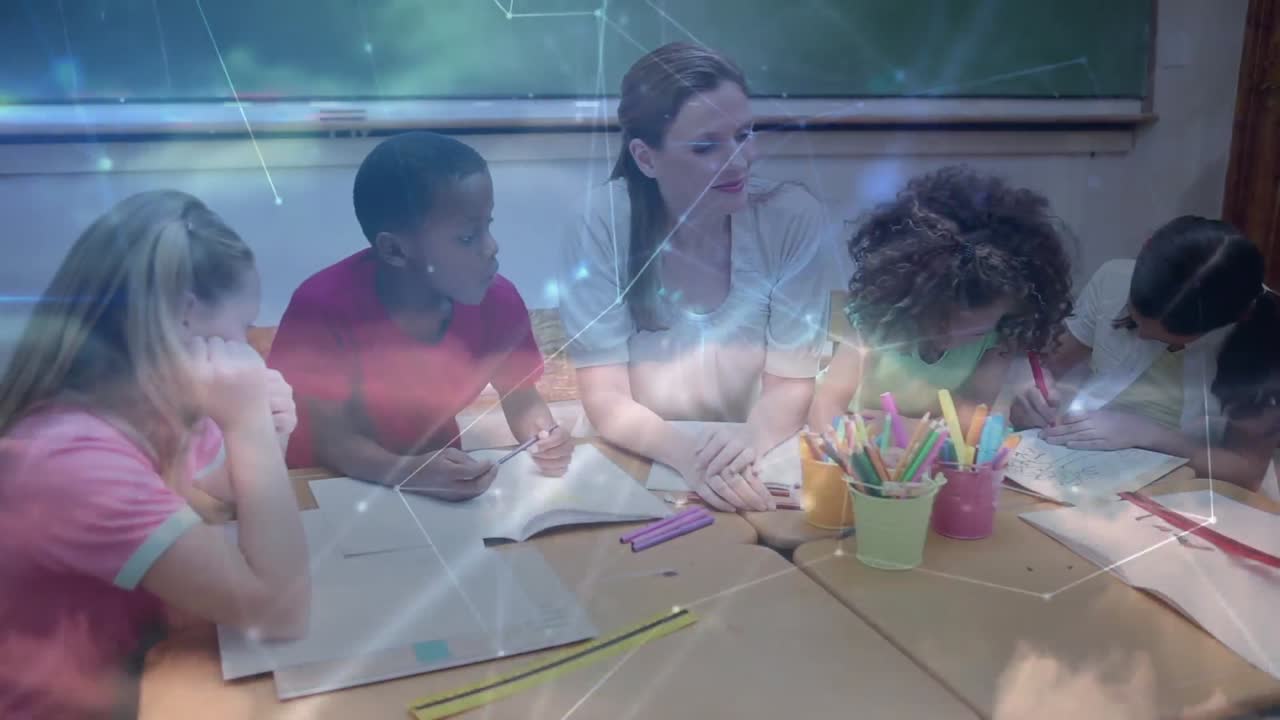 animación de la red de conexiones sobre maestras y escolares escribiendo