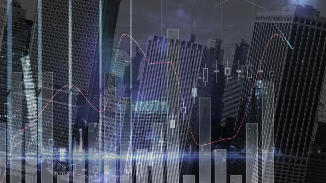 Animation of statistical data processing against aerial view of inverted tall buildings