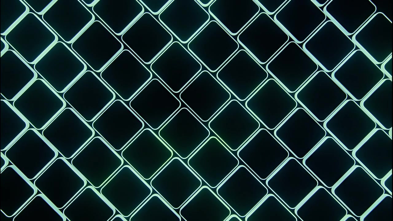 Herhalend diagonaal raster van afgeronde vierkante tegels met donkere matte centra, dunne gloeiende cyaangroene randen, zacht pulserend licht, vloeiende symmetrie, moderne futuristische abstracte textuur