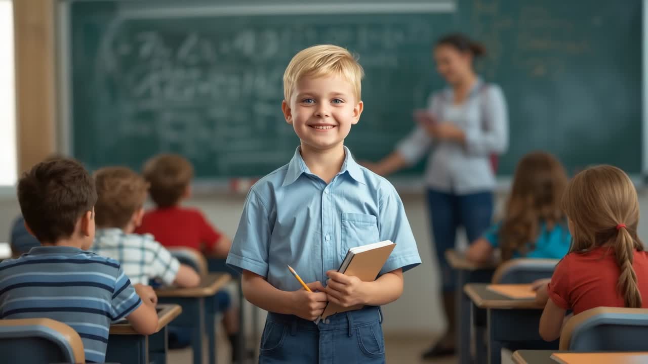 Student rising in class holding pencil and notebook, teacher reviewing tablet after teacher prompt