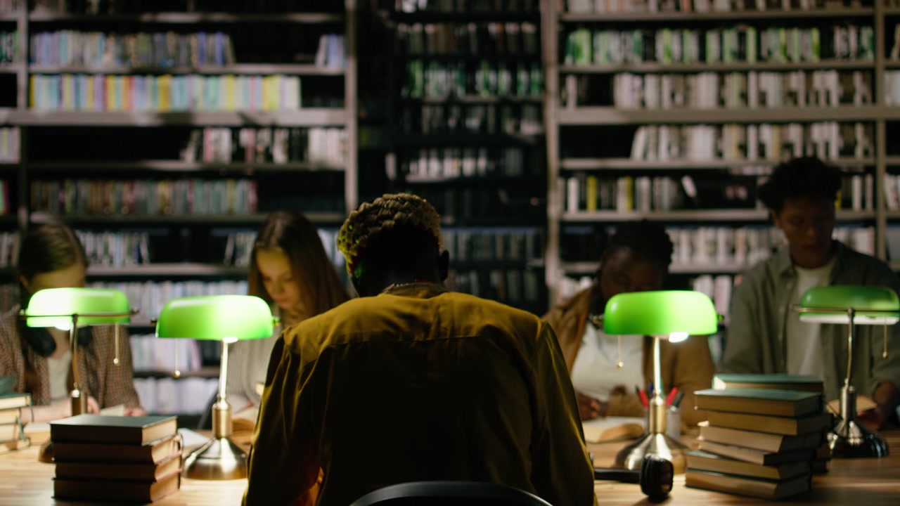 Vista da dietro di un giovane adulto con le cuffie che studia a un tavolo scuro della biblioteca.