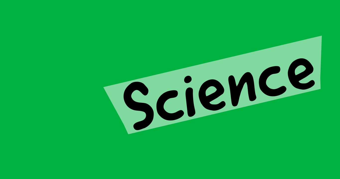 Digital animation of science text over white banner against black background