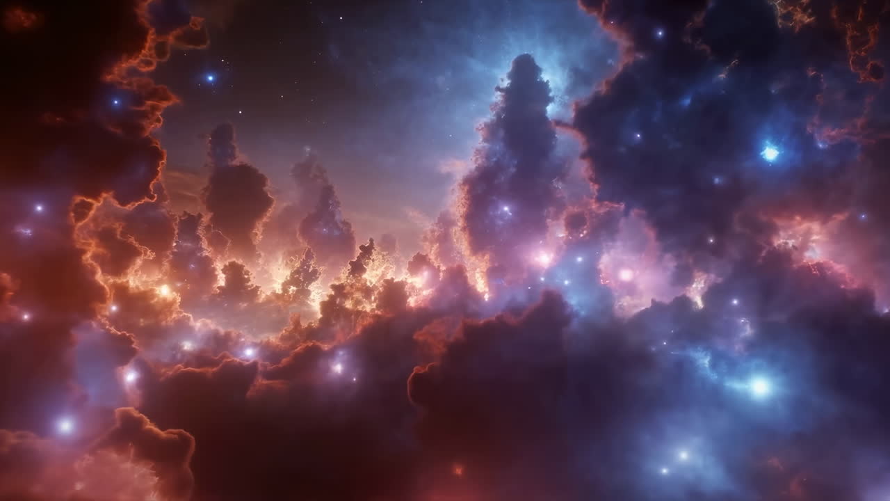 Gloeiende kosmische nevelwolken met vurige kernen en koele blauwe halo's, panorama vanuit sonde-perspectief, torenhoog gas
