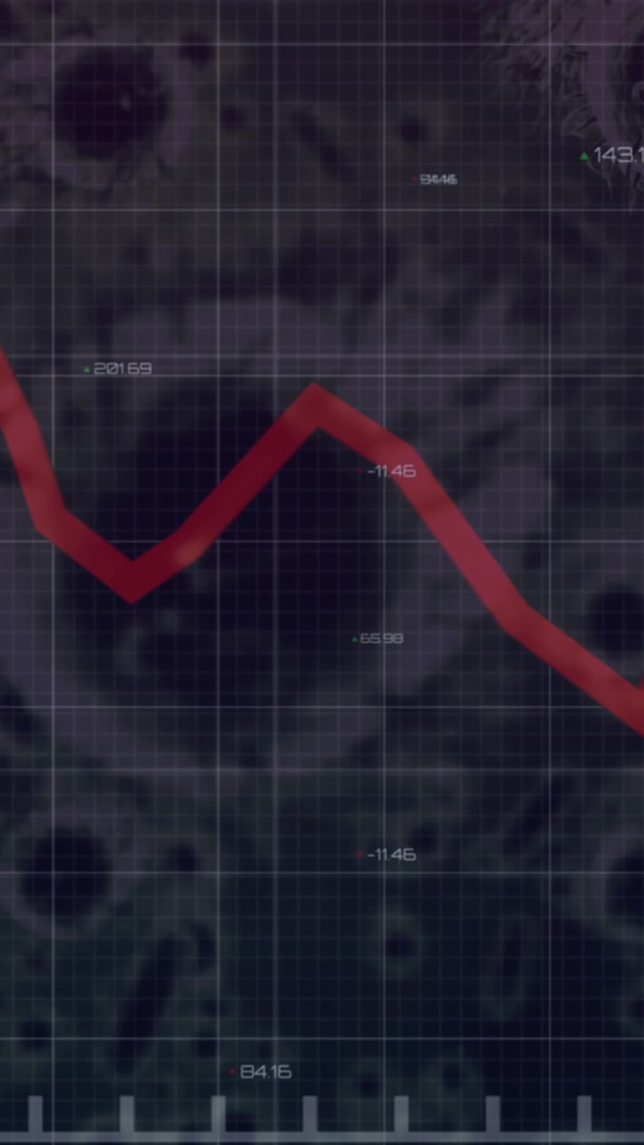 Elaborazione di dati statistici su molteplici cellule COVID-19 che fluttuano su sfondo grigio