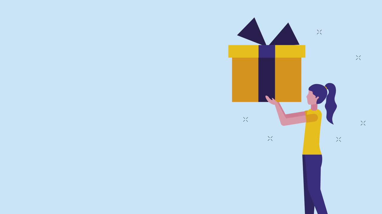 joven mujer de negocios levantando regalos animación