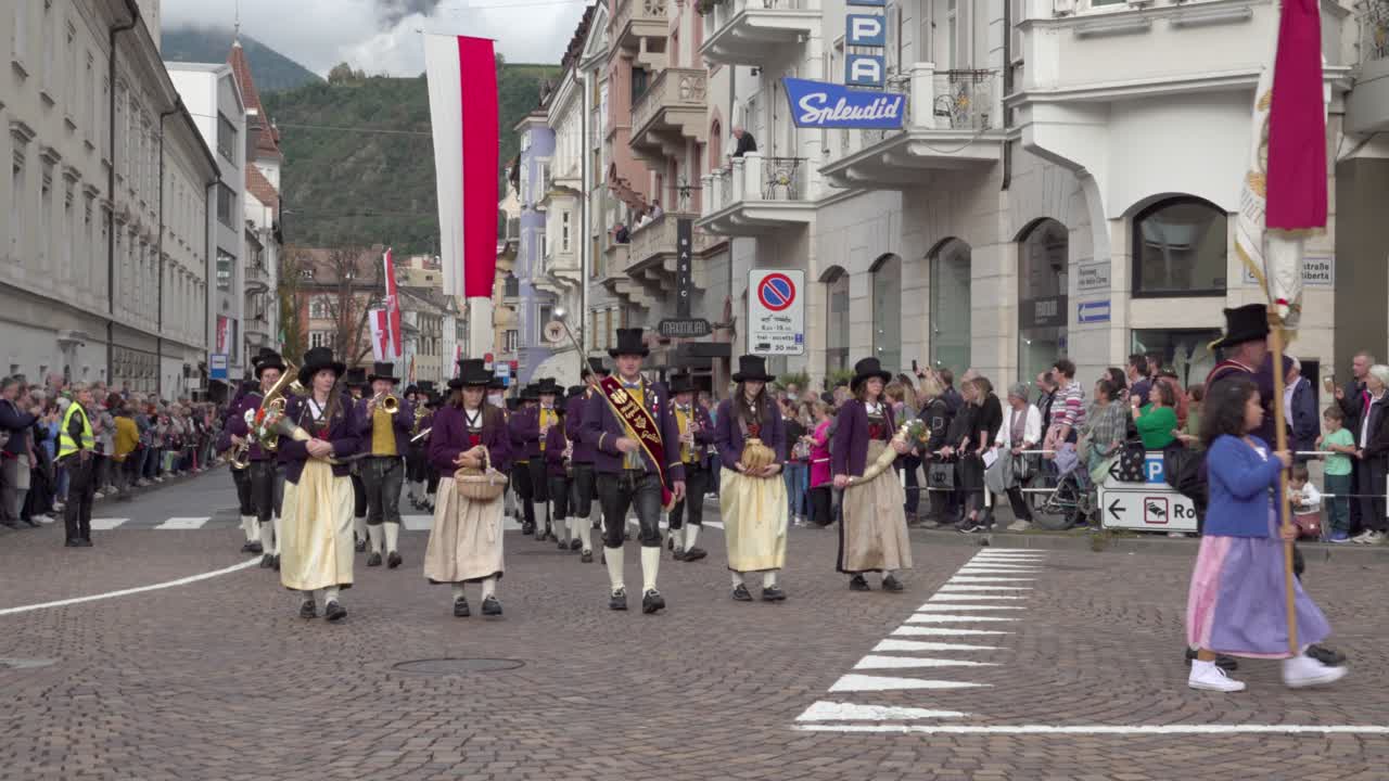 Brass band Galtuer at the annual grape festival, Meran - Merano, South Tyrol, Italy (part 1 of 3)