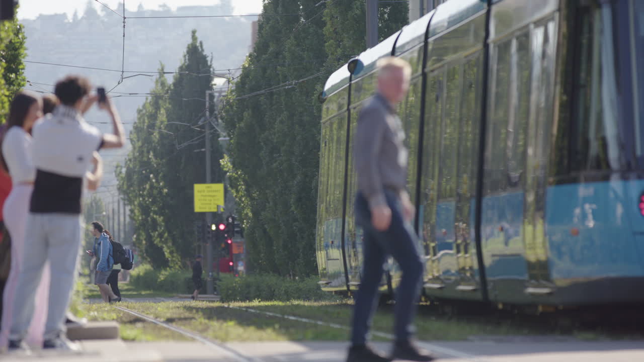 Locals and tourists on foot cross the grassed lawn tram tracks in the centre