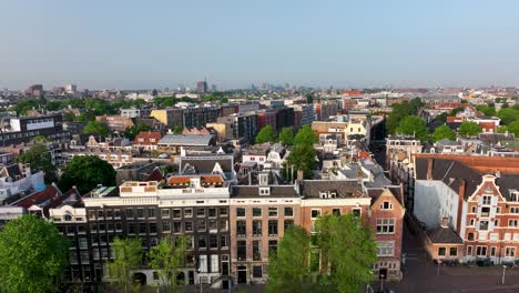 stunning drone view of amsterdam’s canal lined with boats, bridges, and historic dutch houses under clear skies