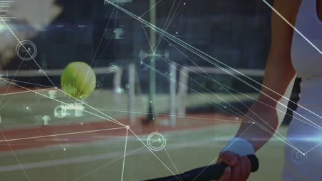 female tennis player swinging racket outdoors, gathering sports analytics with floating hud graphs