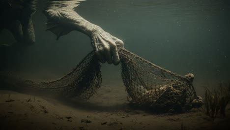 an eerie underwater scene showcasing a mysterious creature's skeletal hand grasping a tangled net, capturing the essence of the unknown lurking beneath the surface