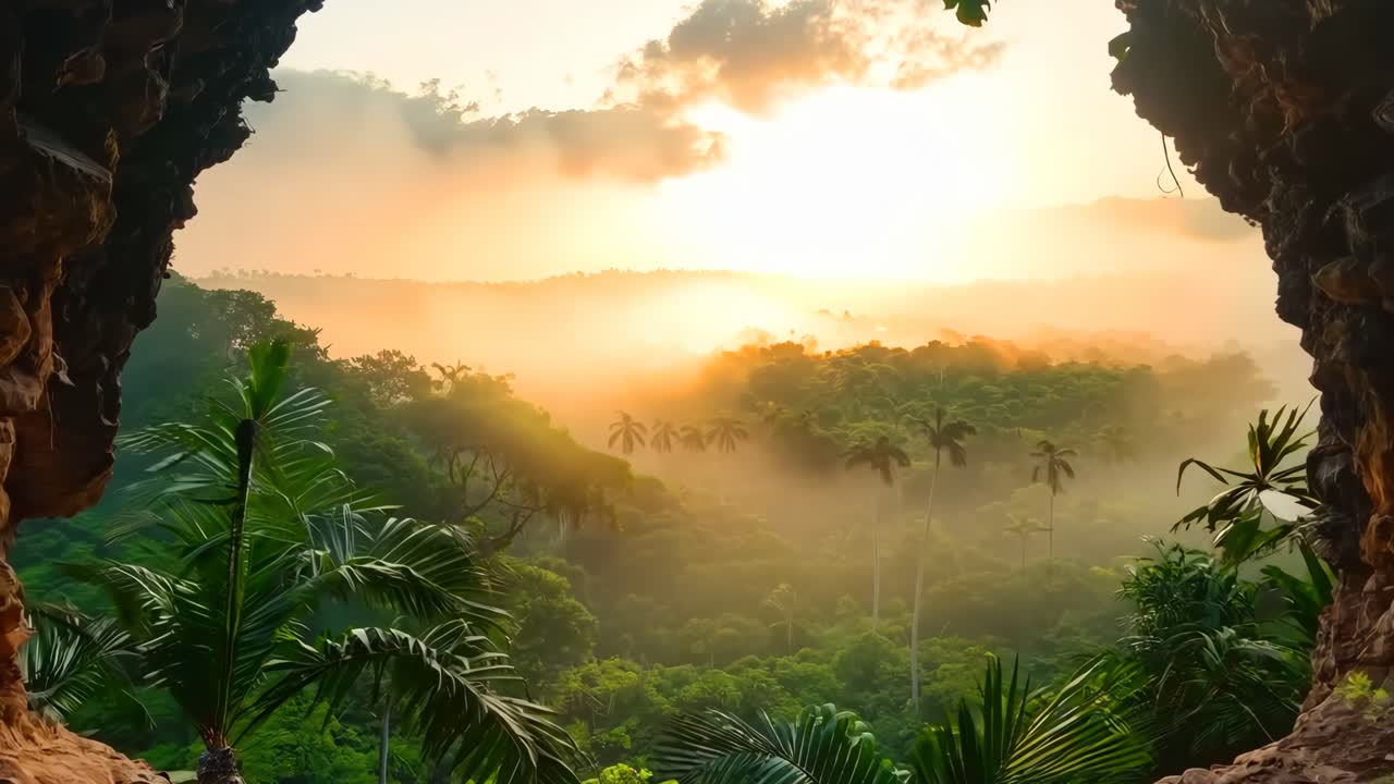 una vista de la puesta de sol a través de una cueva en la jungla