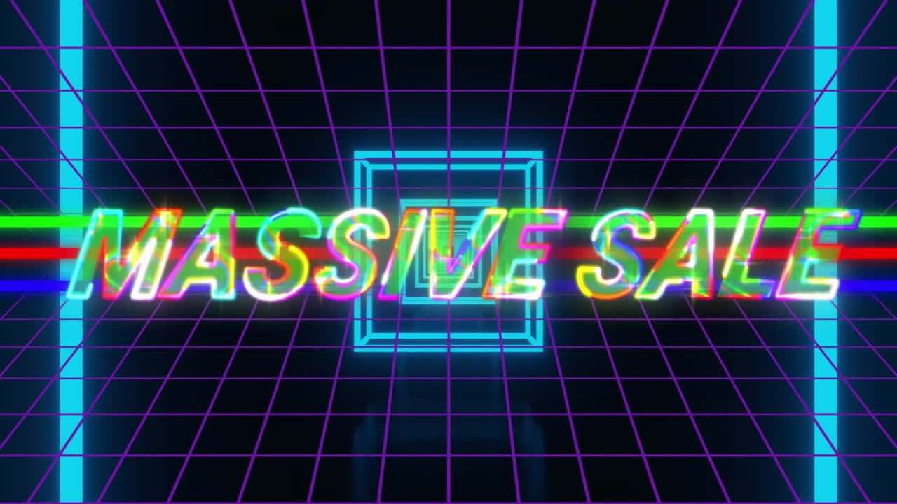 Glowing neon text Massive Sale with vibrant colors and grid pattern animation