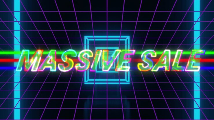 Glowing neon text Massive Sale with vibrant colors and grid pattern animation