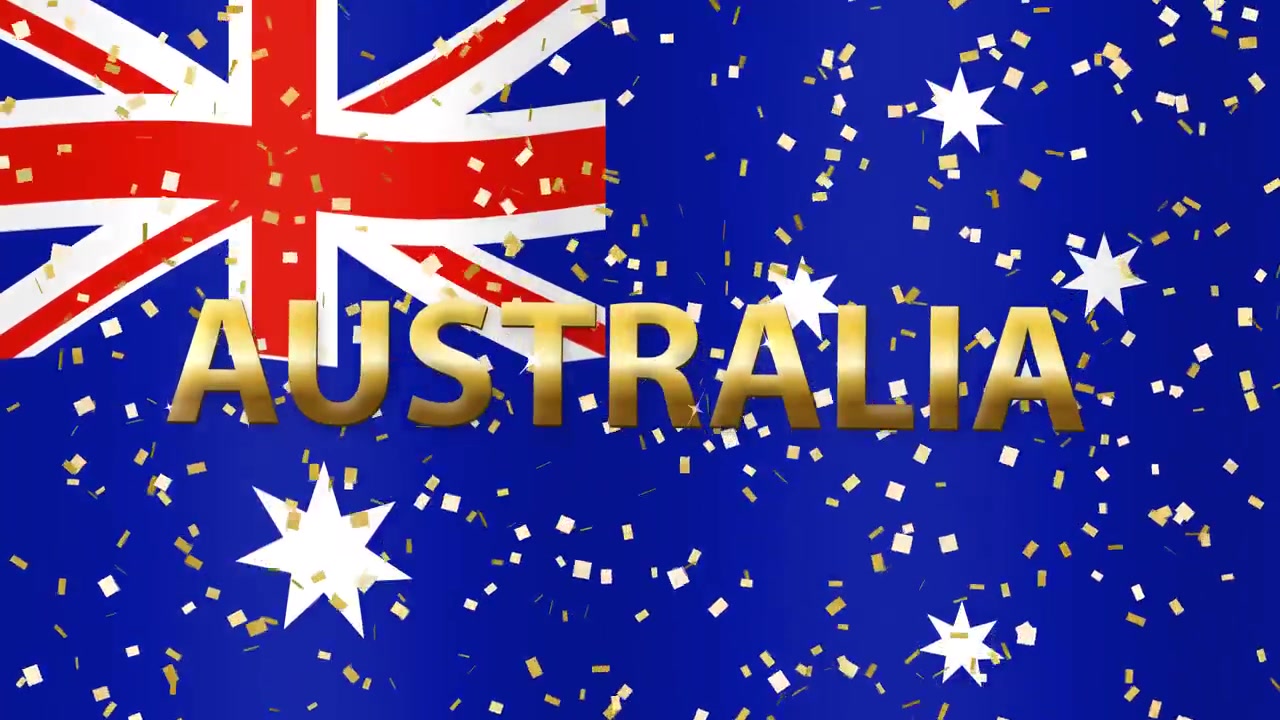 Drapeau australien animé flottant avec du texte doré et des confettis tombants en boucle continue