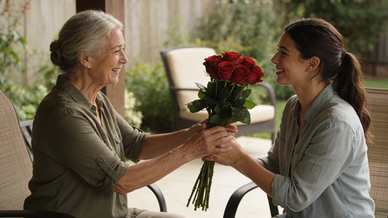 Figlia adulta che offre rose rosse, anziano che si protende in avanti sul portico, ringraziando.
