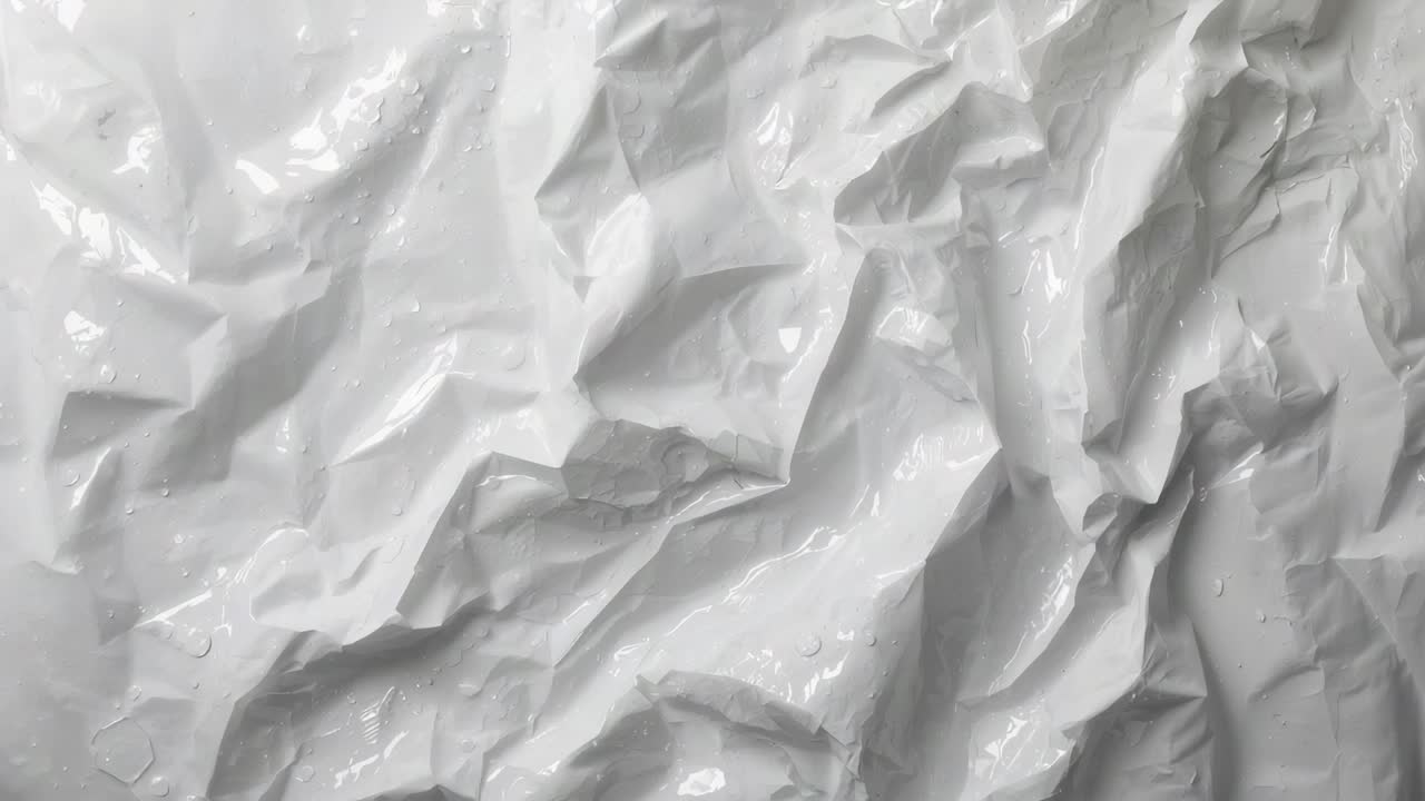 Shifting camera revealing crumpled glossy film on table, exposing droplets and changing highlights