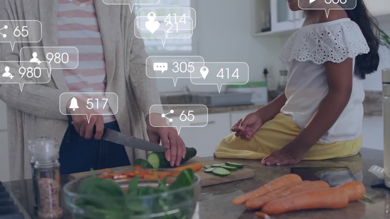 Woman and girl chopping vegetables in kitchen, generating social media icons floating around them