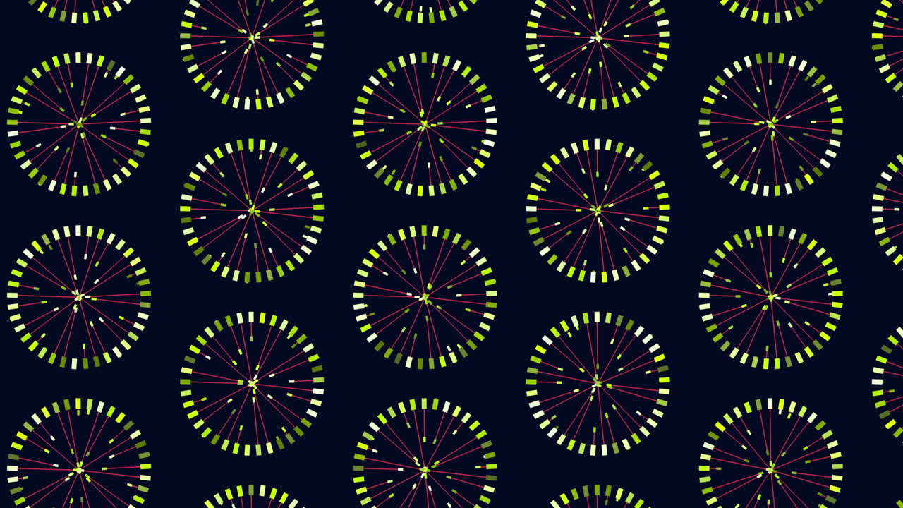 Una visualizzazione dinamica di cerchi di varie dimensioni e colori vivaci come giallo e verde su uno sfondo blu scuro, che crea un motivo circolare coinvolgente con disposizioni sovrapposte e distinte.