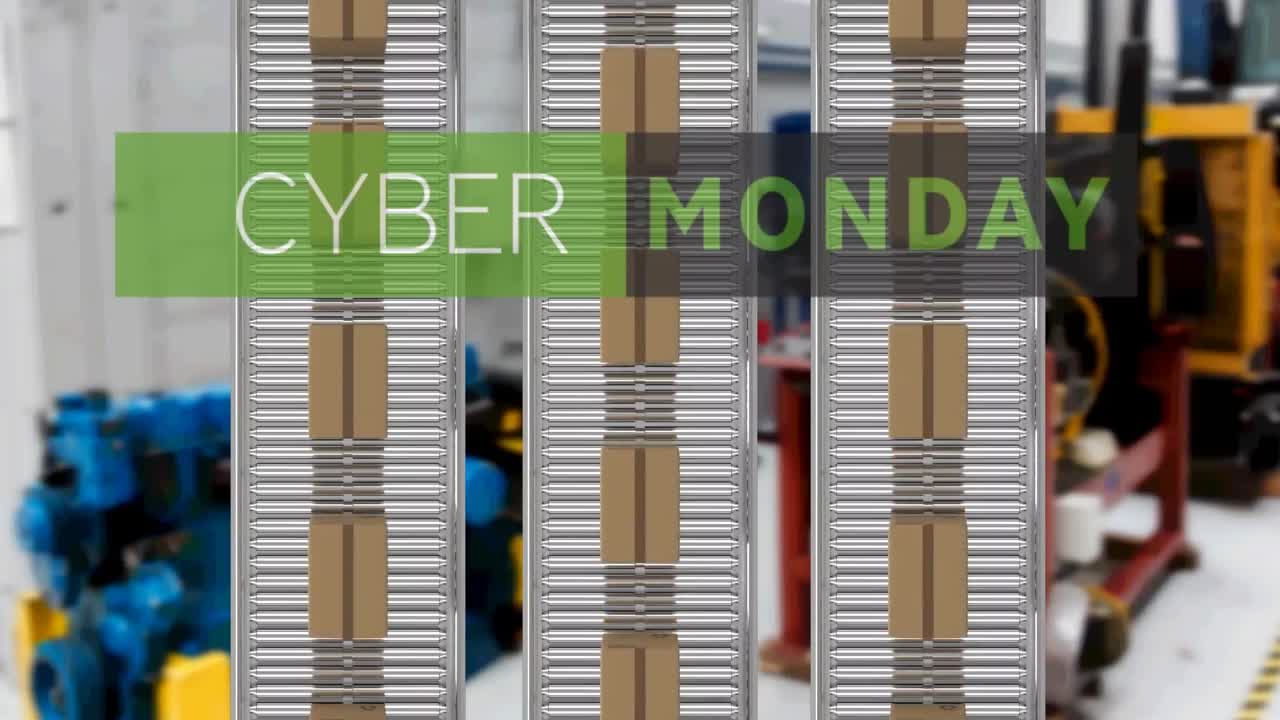 Animation of cyber monday text over cardboard boxes on conveyor belts