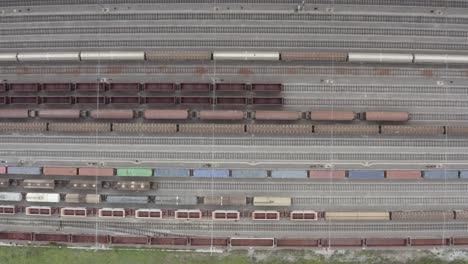 aerial view of a busy freight train yard