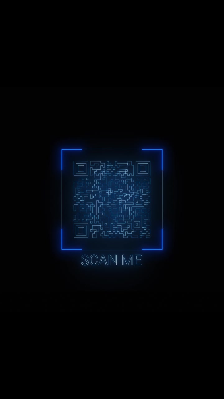 Blå QR-kode scan interface baggrund med glødende firkantet ramme, mørk skærm og