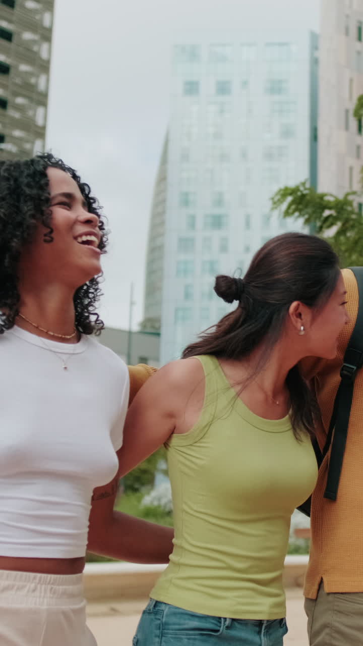 Side view of diverse group of interracial students walking, friendship and