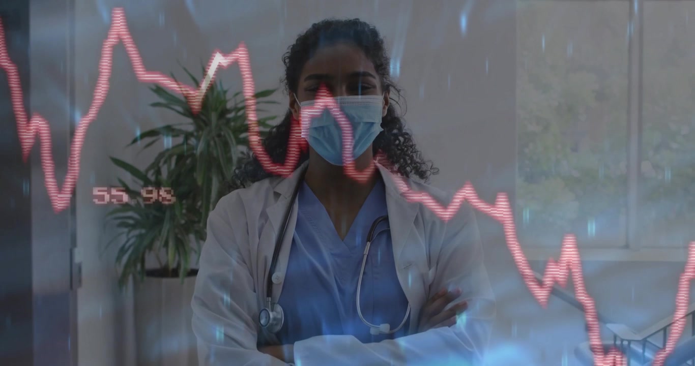 Female Doctor Wearing Face Mask with Digital Financial Graph Overlay